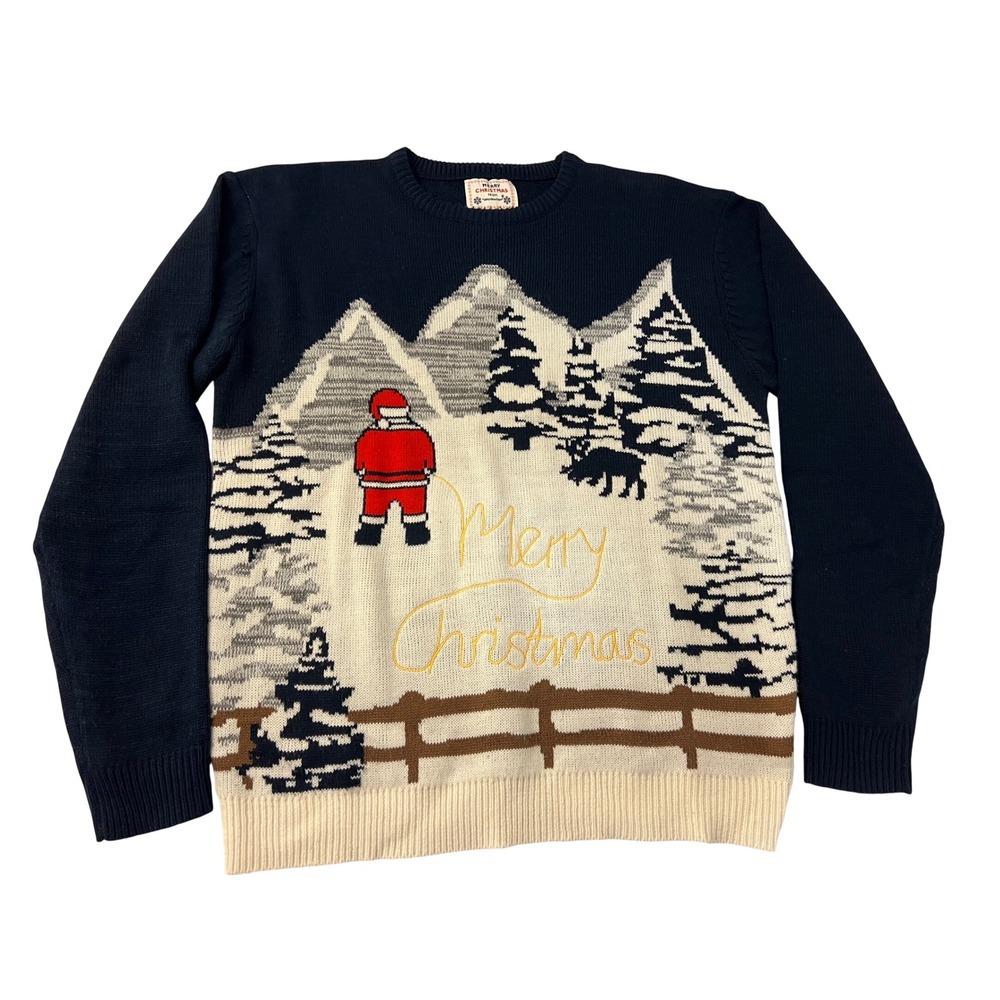 Daisys Boutique Mens XL Ugly Christmas Sweater Funny Santa Mountain Scene Navy